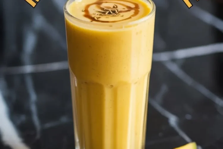 Tall glass of mango smoothie topped with swirl of syrup and cardamom seeds, styled with mango slice and mint leaves on a black marble countertop under the curved text “Mango Smoothie”.