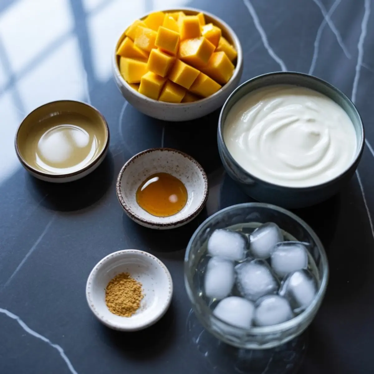 Flat lay of mango smoothie ingredients including cubed mango, plain yogurt, honey, ice cubes, ground spice, and lemon juice arranged in small bowls on a dark marble surface.