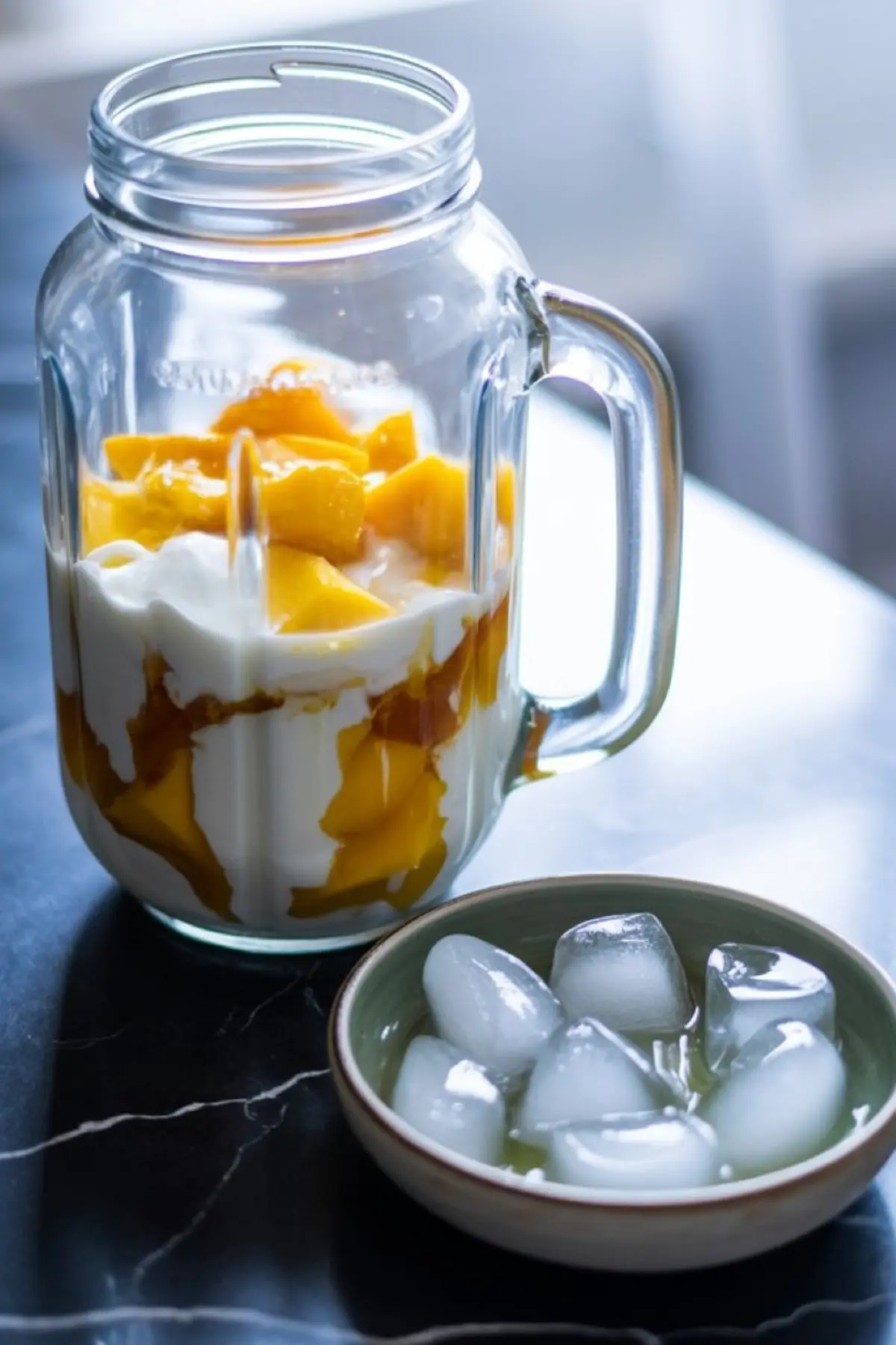 Glass blender jar filled with fresh mango chunks, thick yogurt, and honey drizzle, placed next to a bowl of ice cubes on a dark countertop with natural light.