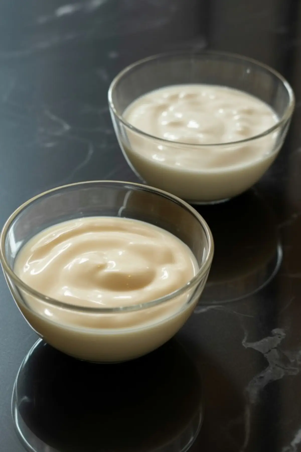 Two glass bowls filled with thick, creamy yogurt set on a dark reflective surface, showing smooth texture and rich consistency.