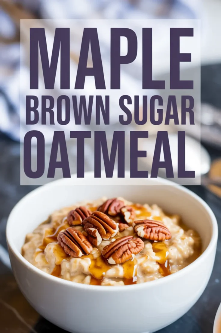 Close-up of maple brown sugar oatmeal in a white bowl, garnished with whole pecans and maple syrup, with bold text overlay.