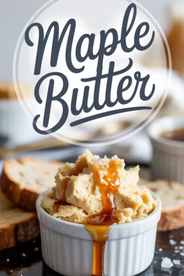 Whipped maple butter in a white ramekin topped with a drizzle of maple syrup, with extra syrup flowing down the sides, served alongside slices of rustic bread, with the text “Maple Butter” above.
