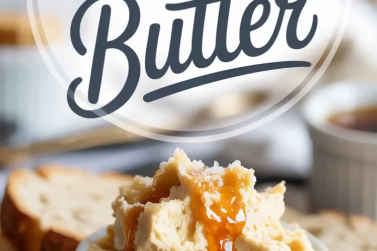 Whipped maple butter in a white ramekin topped with a drizzle of maple syrup, with extra syrup flowing down the sides, served alongside slices of rustic bread, with the text “Maple Butter” above.