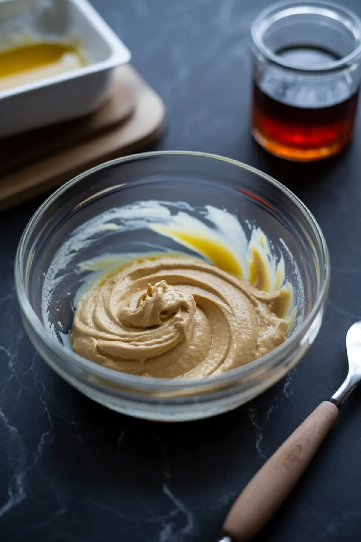 Glass mixing bowl filled with creamy maple butter mixture, set on a dark marble surface beside a jar of maple syrup and a baking dish.