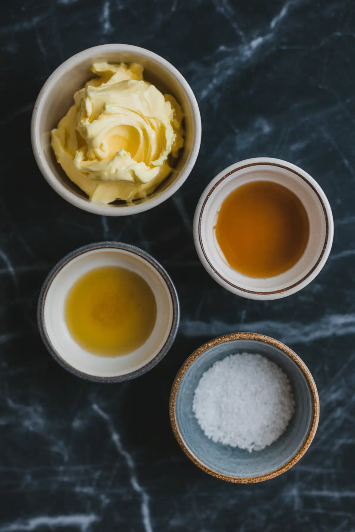 Overhead view of small bowls containing butter, maple syrup, vanilla extract, and coarse salt arranged neatly on a dark marble countertop.
