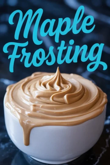 Flat lay of maple frosting ingredients on a dark marble background, including butter, powdered sugar, maple syrup, vanilla extract, and salt.