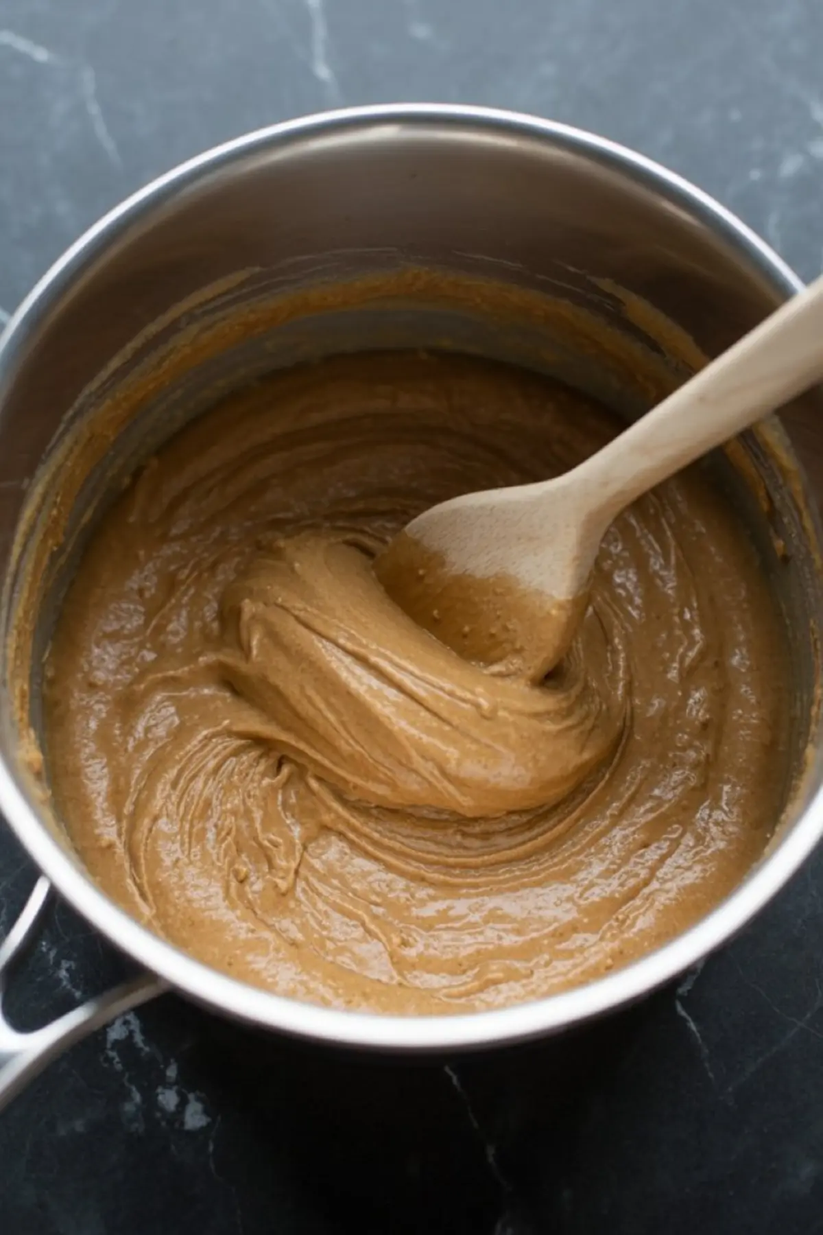 Smooth maple fudge mixture being stirred in a saucepan with a wooden spoon, showing its thick and creamy texture.