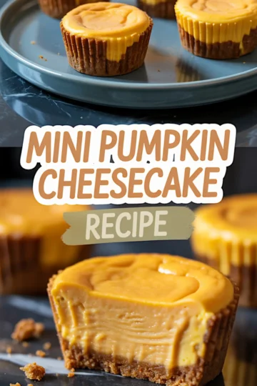 Two views of mini pumpkin cheesecakes with gingersnap crust on a plate, including a close-up of a cheesecake with a bite taken out and text overlay reading “Mini Pumpkin Cheesecake Recipe.”