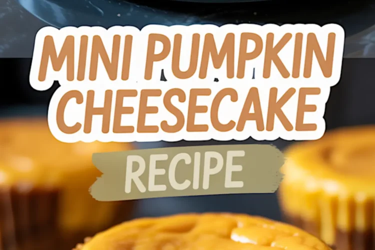 Two views of mini pumpkin cheesecakes with gingersnap crust on a plate, including a close-up of a cheesecake with a bite taken out and text overlay reading “Mini Pumpkin Cheesecake Recipe.”