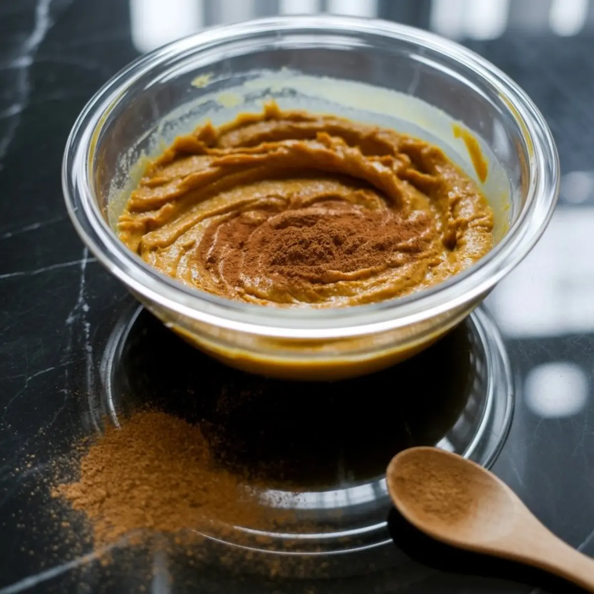Glass bowl filled with pumpkin cheesecake batter topped with ground cinnamon, placed on a dark marble countertop with spilled cinnamon powder and a wooden spoon.