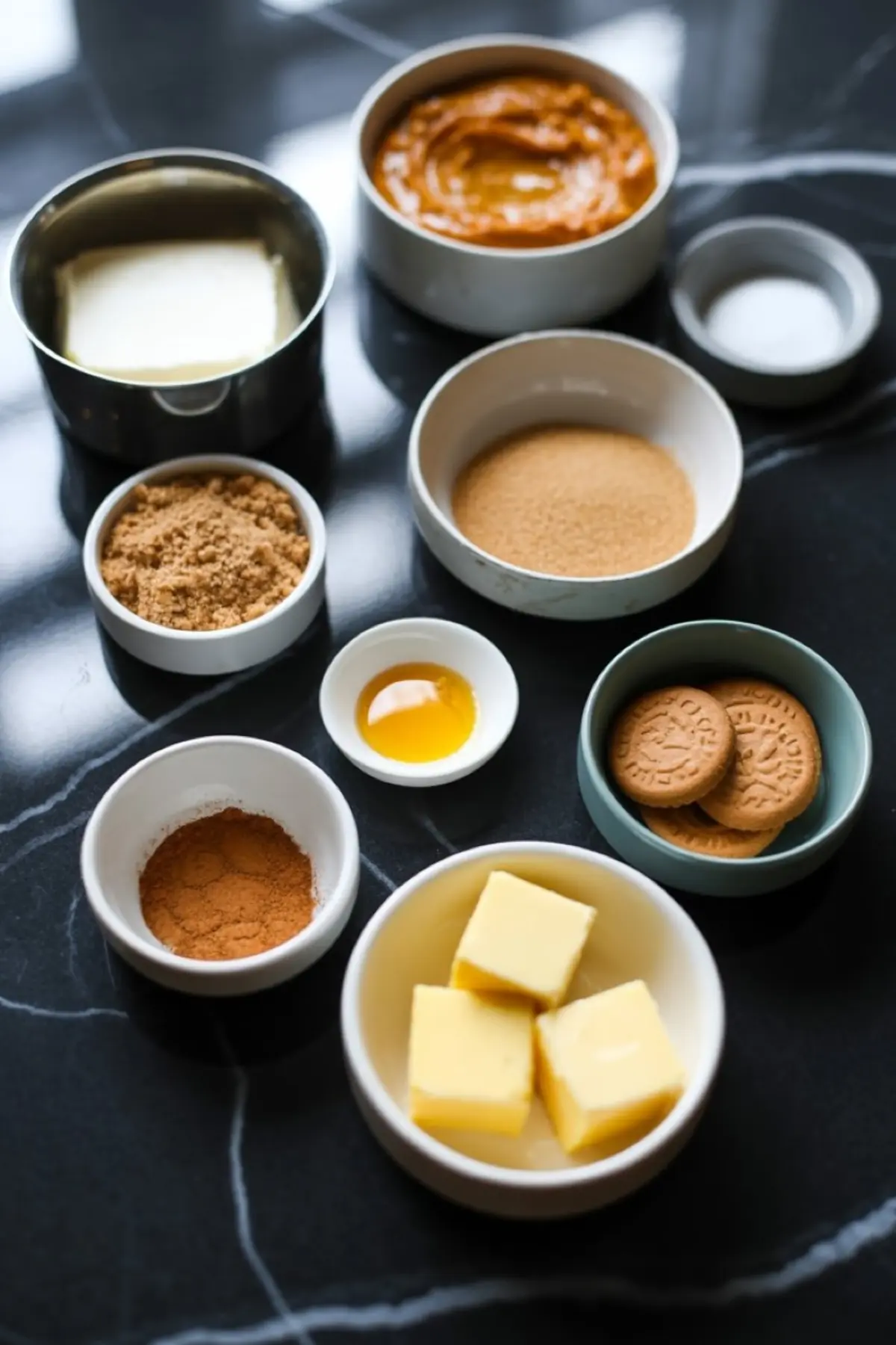 Flat lay of measured mini pumpkin cheesecake ingredients including cream cheese, pumpkin puree, brown sugar, white sugar, cinnamon, vanilla, butter, and digestive biscuits on black marble surface.