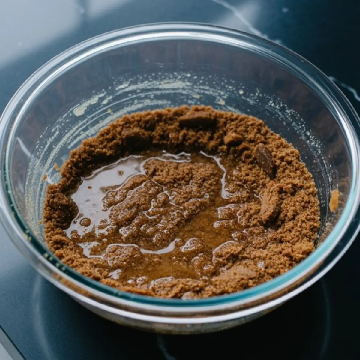 Crushed gingersnap cookie crust mixture with melted butter in a clear bowl, showing a rich, wet texture for cheesecake base.