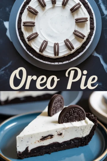 Overhead and close-up views of an Oreo cream pie with a thick cookie crust and creamy filling, garnished with halved sandwich cookies and labeled “Oreo Pie.”