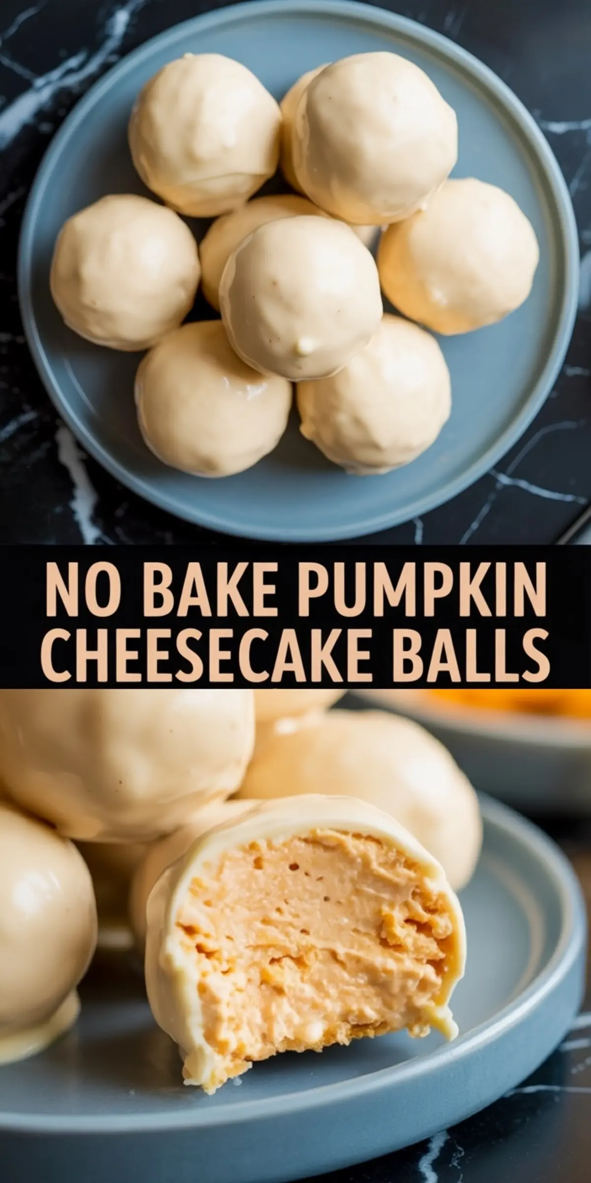 Plate of no bake pumpkin cheesecake balls coated in white chocolate, with one cut open to show the creamy pumpkin filling.