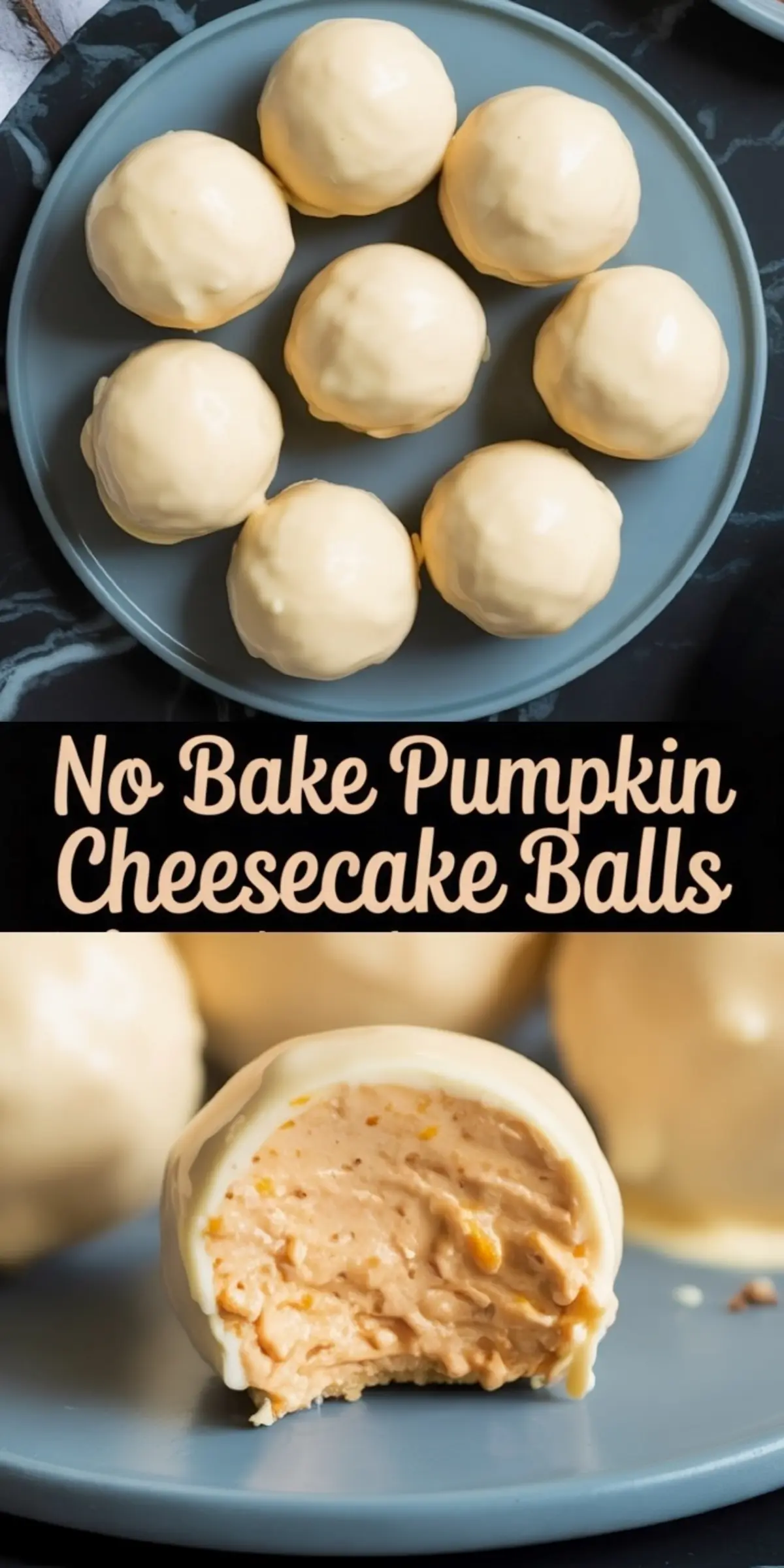 Blue plate filled with no bake pumpkin cheesecake balls coated in white chocolate, with a close-up of one bitten ball revealing the pumpkin cheesecake center.