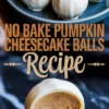 Decorative shot of no bake pumpkin cheesecake balls in white chocolate coating on a plate, with one cut open in front to show the smooth pumpkin filling.