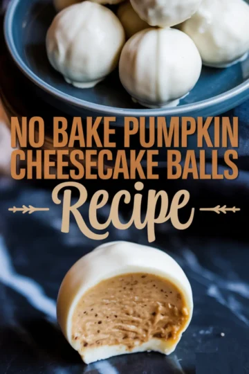 Decorative shot of no bake pumpkin cheesecake balls in white chocolate coating on a plate, with one cut open in front to show the smooth pumpkin filling.