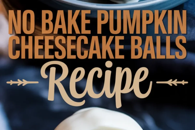 Decorative shot of no bake pumpkin cheesecake balls in white chocolate coating on a plate, with one cut open in front to show the smooth pumpkin filling.