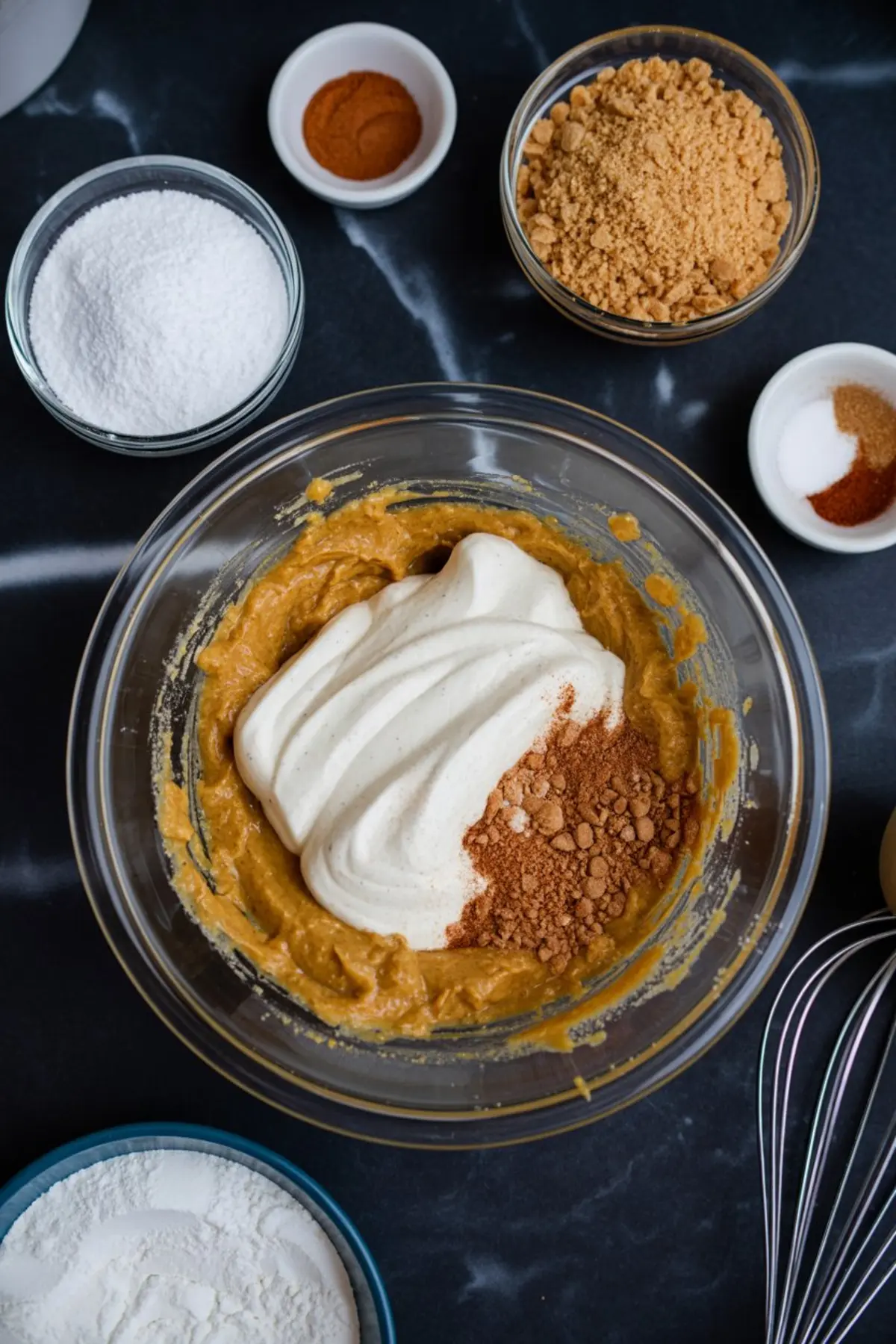 Mixing bowl filled with pumpkin batter, whipped cream, and spices surrounded by bowls of powdered sugar, crushed graham crackers, and ground cinnamon.