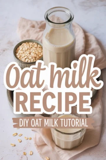 Tall bottle of homemade oat milk with a small bowl of oats and a glass of oat milk on a pink cloth, overlaid with text “Oat Milk Recipe – DIY Oat Milk Tutorial.”