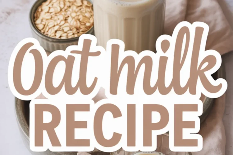 Tall bottle of homemade oat milk with a small bowl of oats and a glass of oat milk on a pink cloth, overlaid with text “Oat Milk Recipe – DIY Oat Milk Tutorial.”