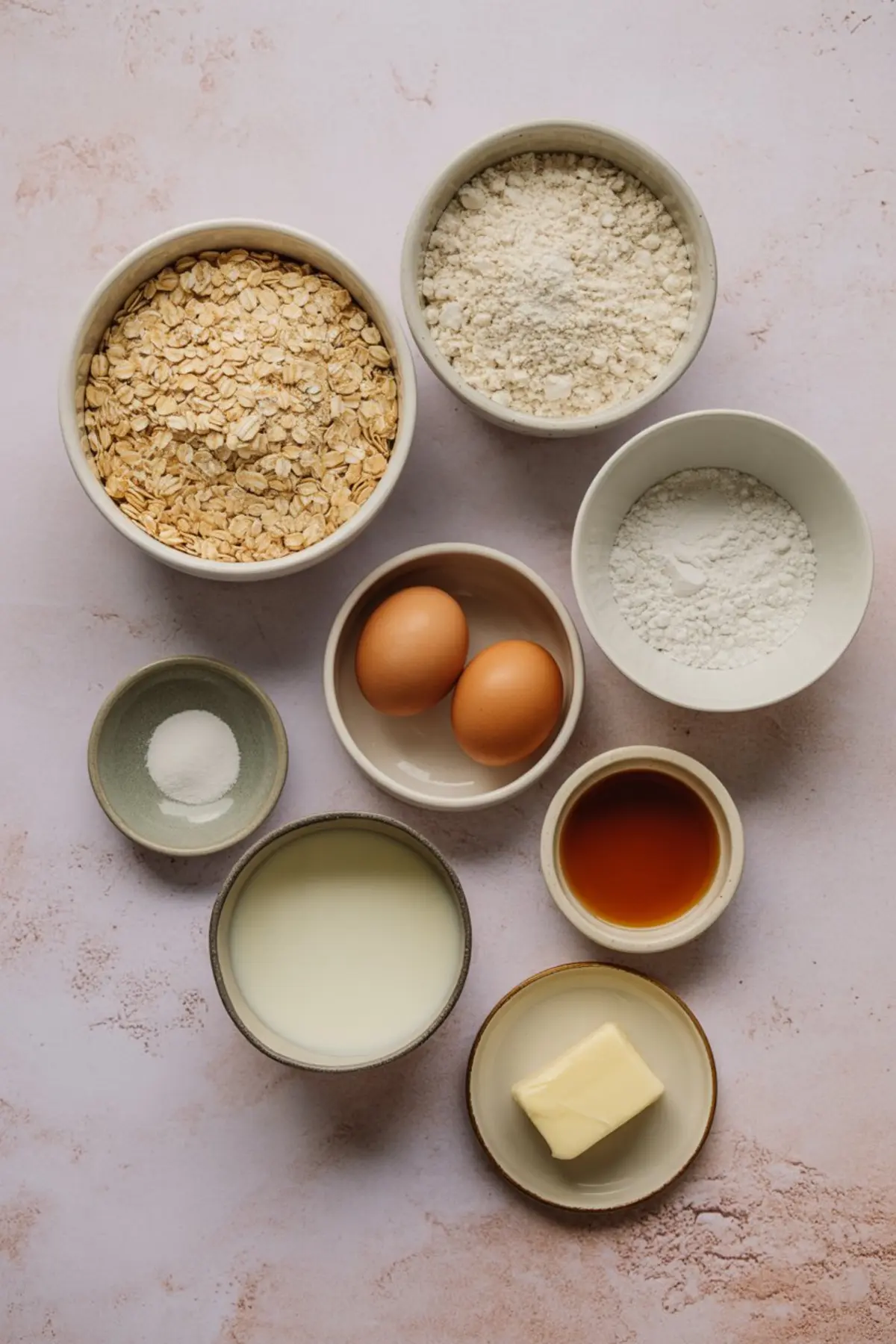 Flat lay of measured ingredients for oat pancakes, including rolled oats, flour, eggs, milk, butter, vanilla extract, baking powder, and salt in small bowls.