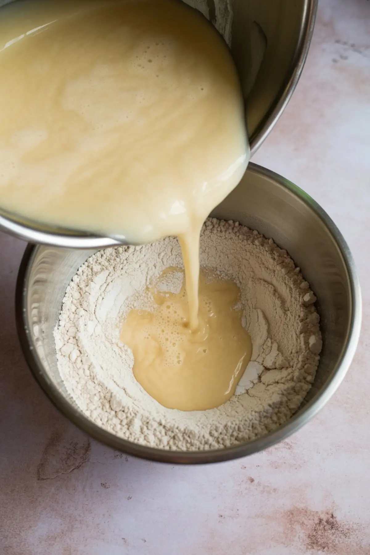 Smooth wet batter being poured into a bowl of all-purpose flour, showing the initial step of mixing pancake ingredients.