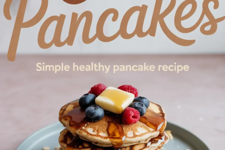 Stack of golden oat pancakes topped with fresh blueberries, raspberries, a square of butter, and a generous drizzle of maple syrup, with “Oat Pancakes - Simple healthy pancake recipe” in bold script above.