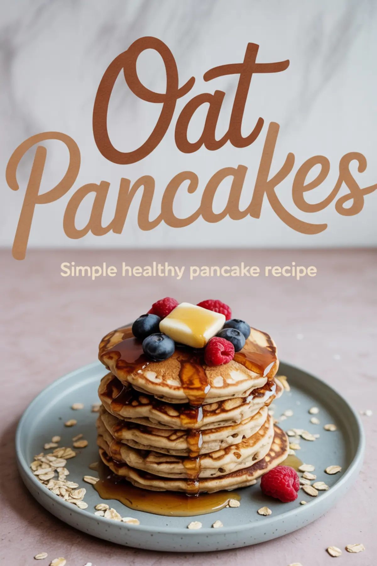 Stack of golden oat pancakes topped with fresh blueberries, raspberries, a square of butter, and a generous drizzle of maple syrup, with “Oat Pancakes - Simple healthy pancake recipe” in bold script above.