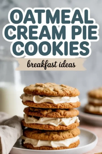 Stack of oatmeal cream pie cookies filled with creamy vanilla frosting, with bold text reading “Oatmeal Cream Pie Cookies” and “breakfast ideas” in the background.