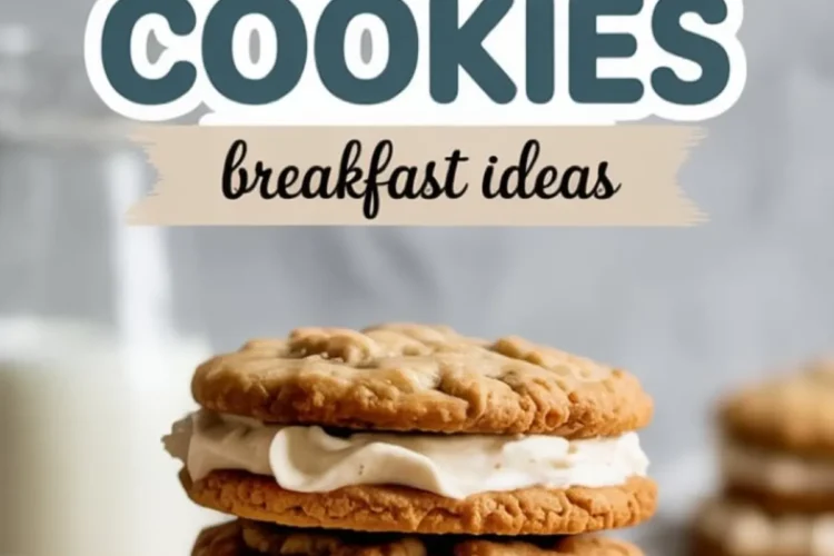 Stack of oatmeal cream pie cookies filled with creamy vanilla frosting, with bold text reading “Oatmeal Cream Pie Cookies” and “breakfast ideas” in the background.