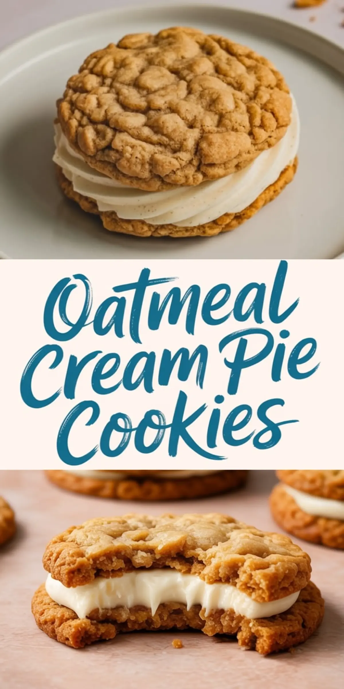 Collage showing a close-up of a whole oatmeal cream pie cookie and a bitten one revealing thick vanilla frosting filling, with bold “Oatmeal Cream Pie Cookies” text in the center.