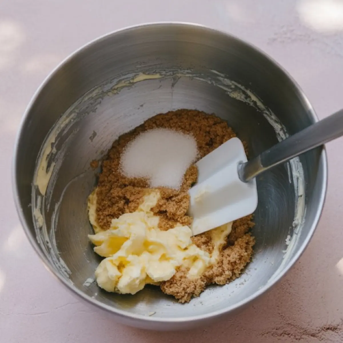 Metal mixing bowl with softened butter, brown sugar, and granulated sugar partially creamed together using a white spatula on a pink surface.
