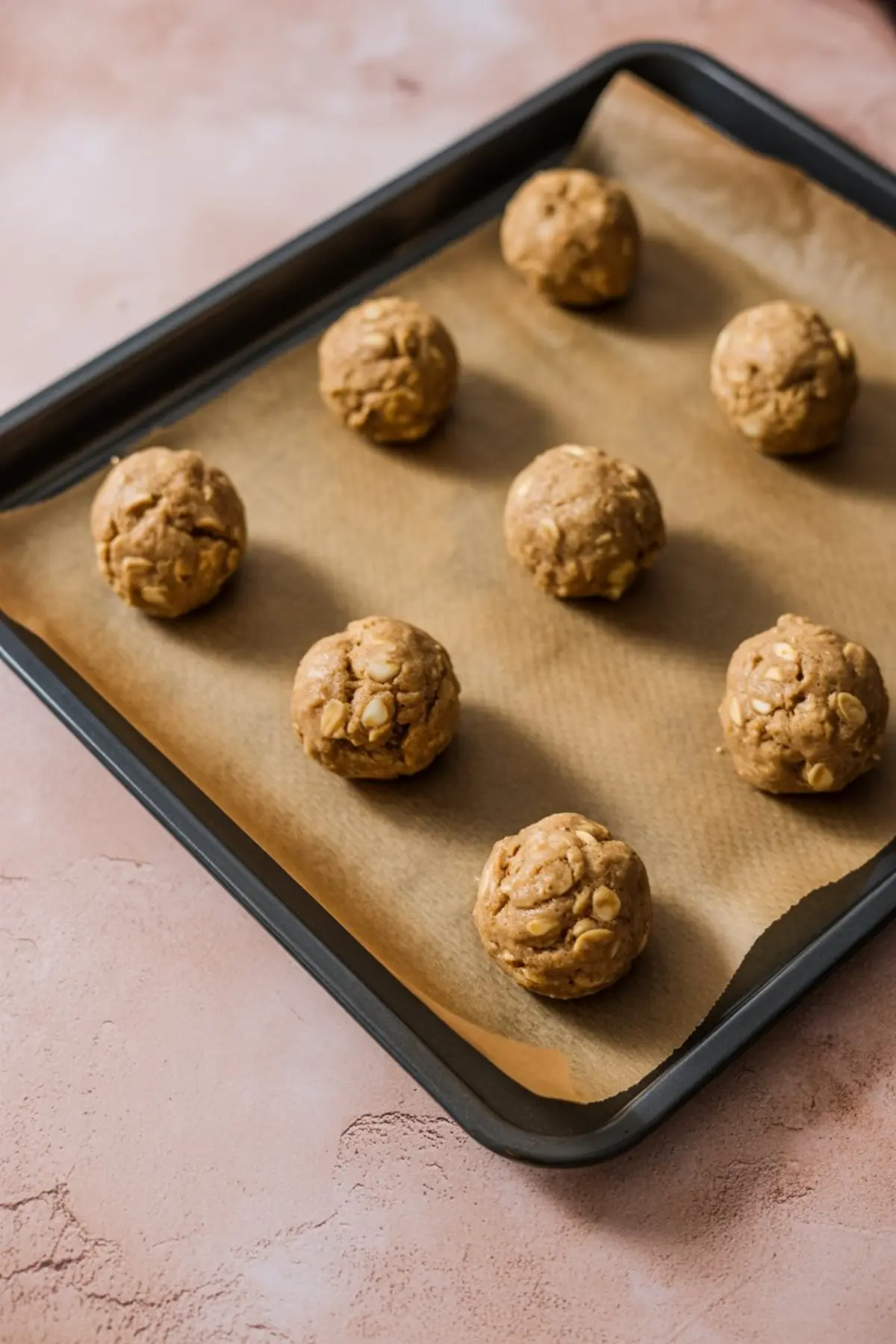 Unbaked oatmeal cookie dough balls arranged on a parchment-lined baking sheet, ready to go into the oven.
