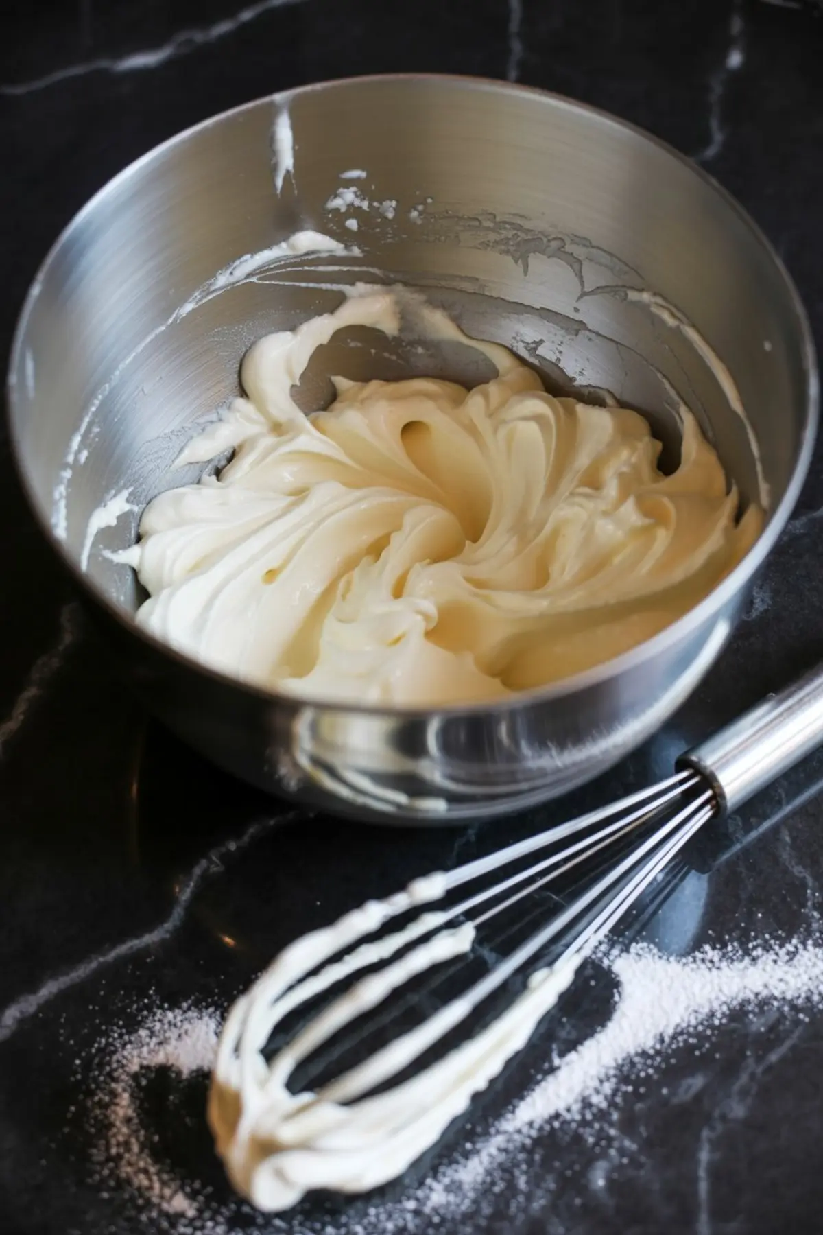 A stainless steel mixing bowl with thick vanilla whipped cream filling, freshly whipped with a balloon whisk for dessert toppings or creamy pie fillings.