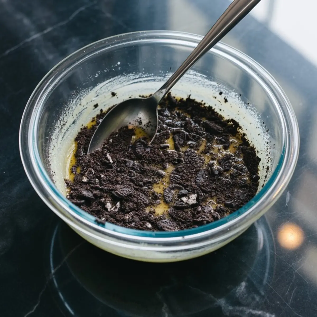 A glass mixing bowl filled with crushed Oreo cookies blended into melted butter, creating a crumbly chocolate cookie crust mixture for desserts like Oreo pie or cheesecake.