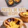 Vertical collage of pastel de nata on a baking tray with cinnamon sticks, and a close-up of a custard tart sliced open to show its creamy filling and flaky crust.