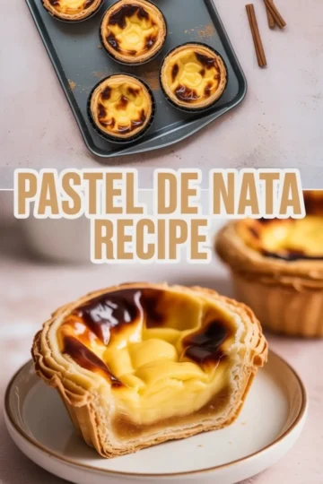 Vertical collage of pastel de nata on a baking tray with cinnamon sticks, and a close-up of a custard tart sliced open to show its creamy filling and flaky crust.