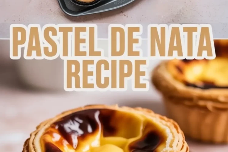 Vertical collage of pastel de nata on a baking tray with cinnamon sticks, and a close-up of a custard tart sliced open to show its creamy filling and flaky crust.