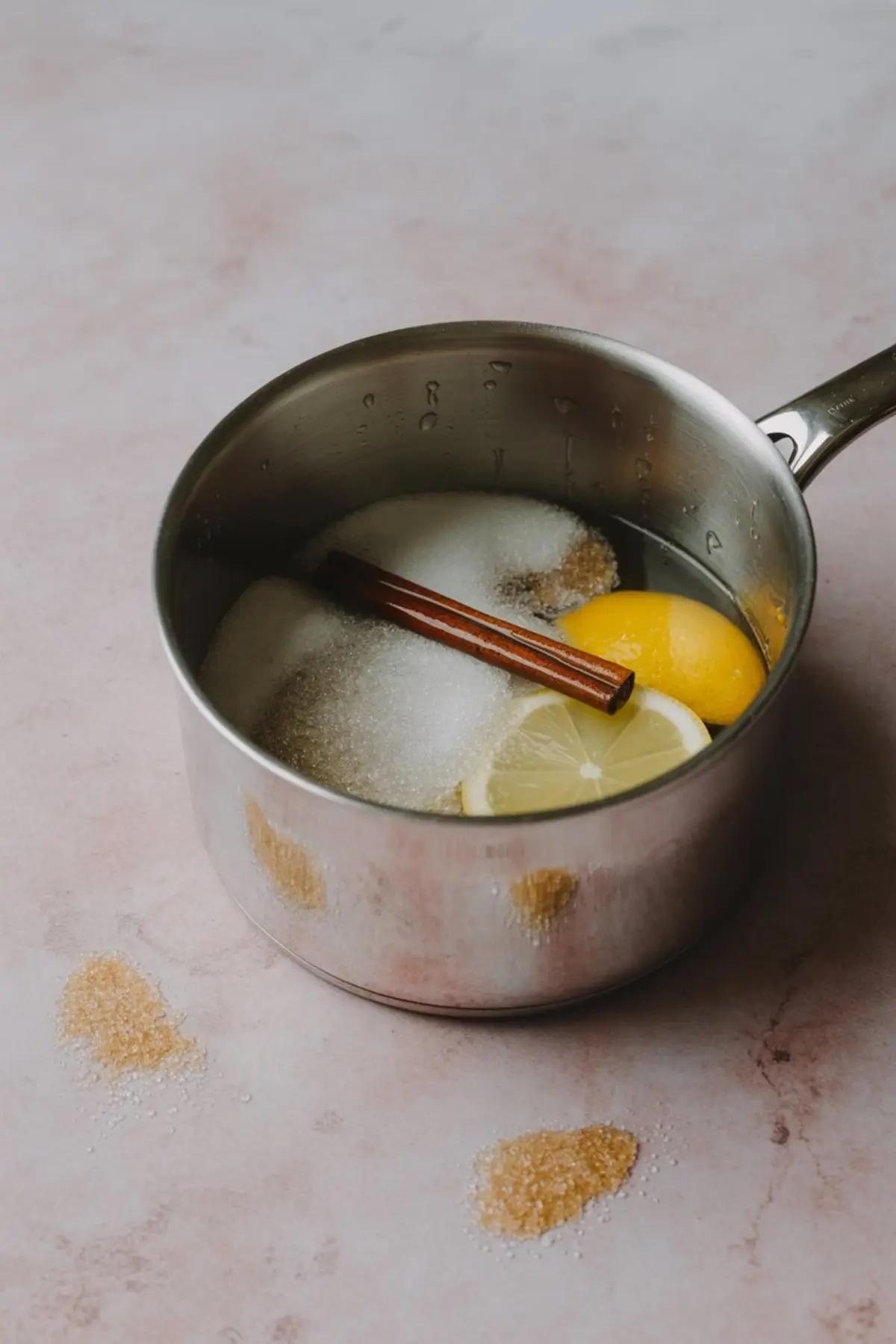 Small saucepan filled with sugar, lemon slices, and a cinnamon stick, prepared for making a flavored syrup on a pink surface.
