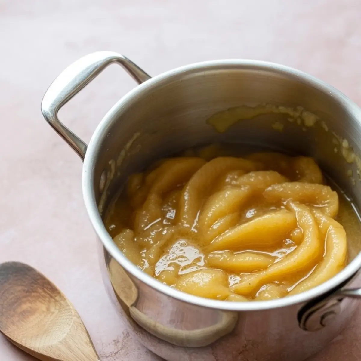 A stainless steel saucepan filled with tender cooked pears, ready for blending into homemade pear butter, with a wooden spoon placed beside it.