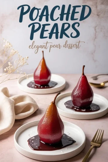 Three red wine poached pears served upright on white plates, drizzled with dark chocolate sauce and garnished with flaky sea salt, styled on a soft pink background with neutral napkins and gold cutlery.