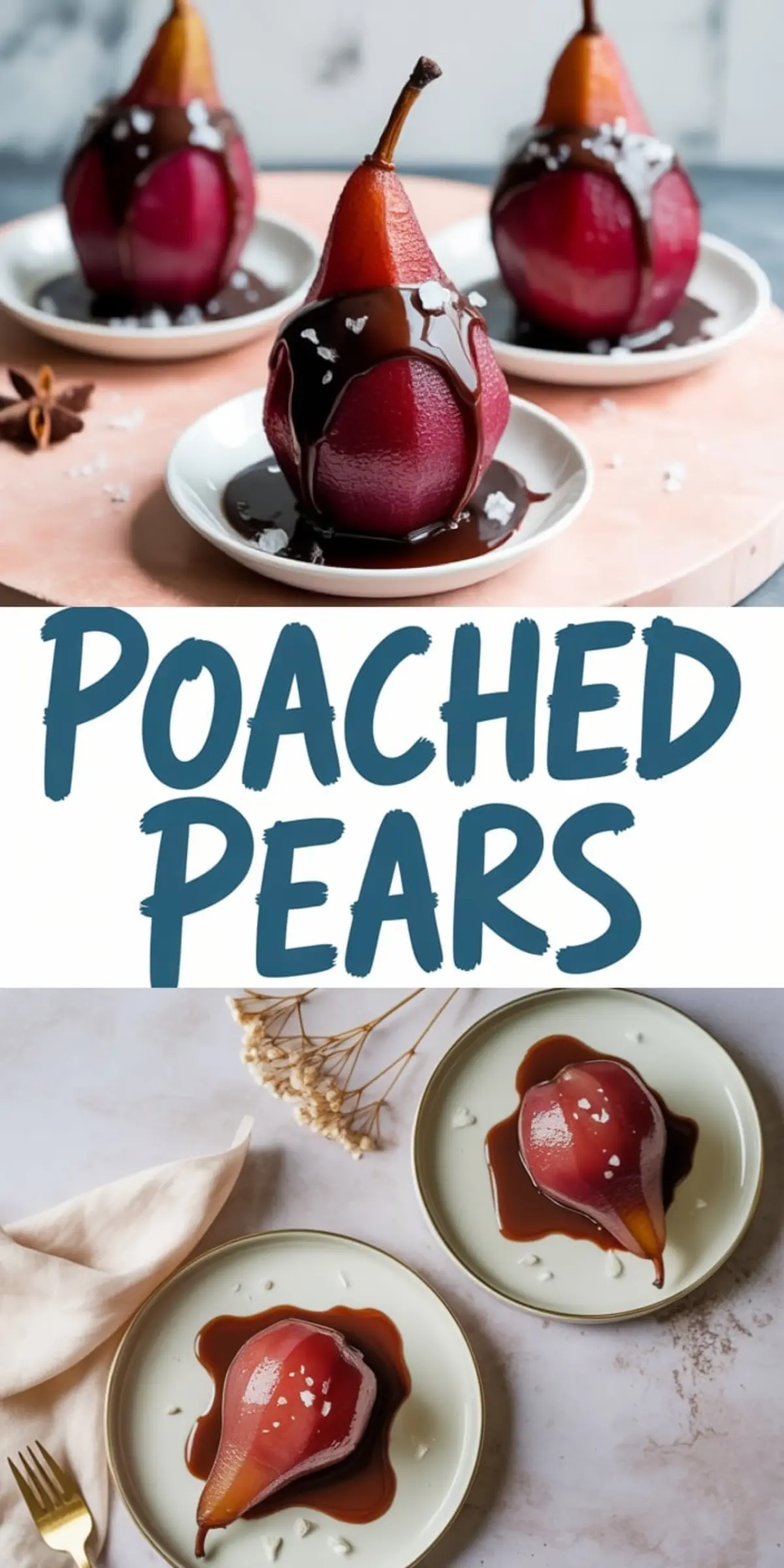 Poached pear on a white plate topped with creamy chocolate sauce and sea salt, surrounded by cinnamon sticks, star anise, and cloves on a textured pink surface.
