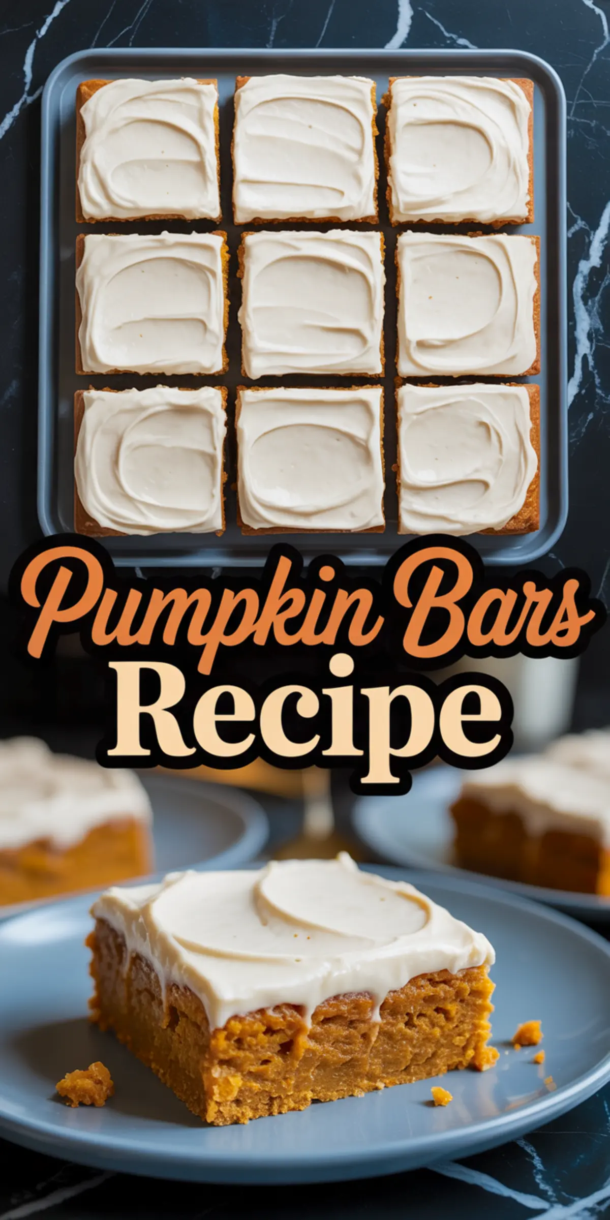 Sliced pumpkin bars topped with smooth cream cheese frosting in a baking pan, with one bar served on a plate in the foreground.