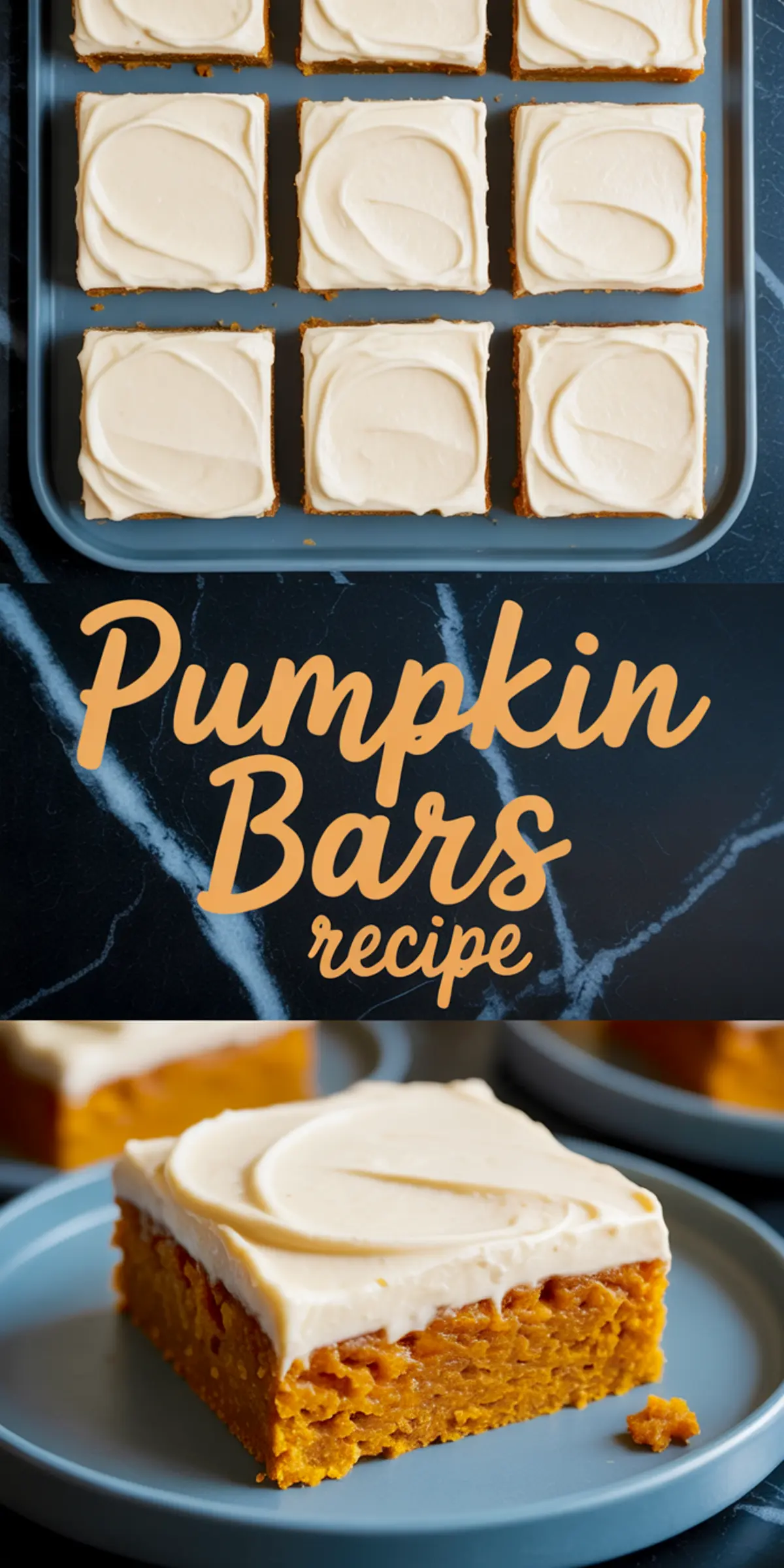 Pumpkin bars with cream cheese frosting arranged in a baking pan and served on a blue plate, with moist orange cake layers visible.