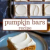 Frosted pumpkin bars in a baking pan with one bar served on a blue plate, showcasing dense pumpkin cake texture.