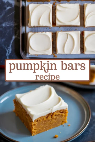 Frosted pumpkin bars in a baking pan with one bar served on a blue plate, showcasing dense pumpkin cake texture.