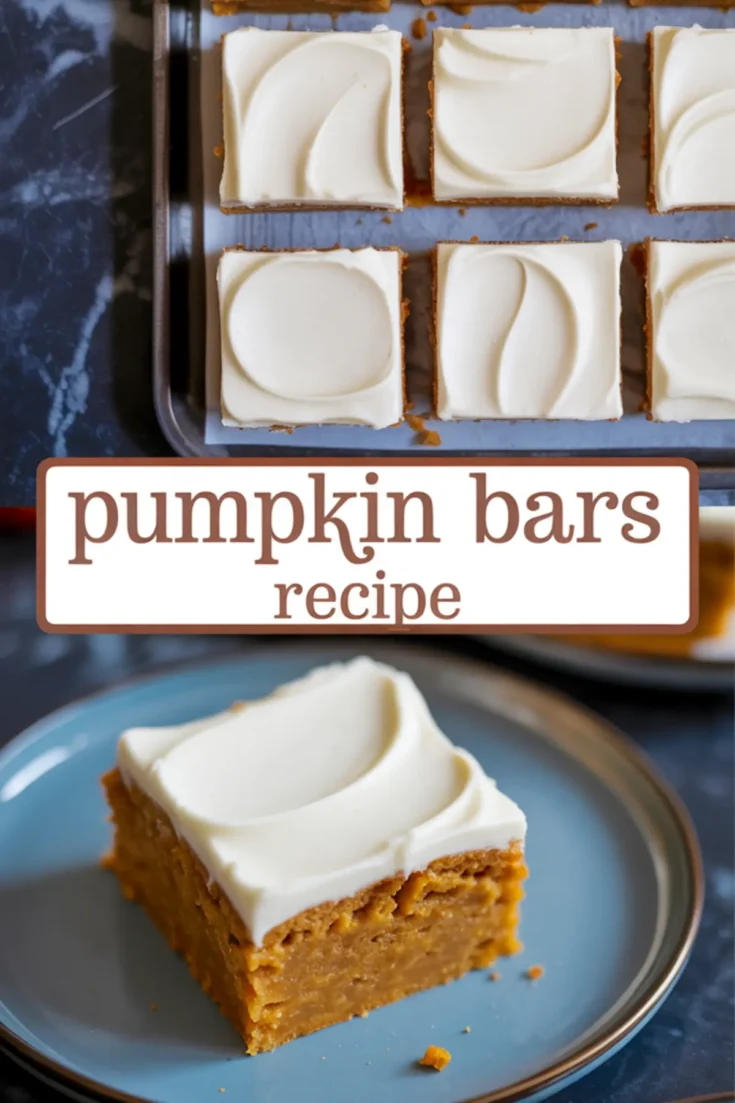 Frosted pumpkin bars in a baking pan with one bar served on a blue plate, showcasing dense pumpkin cake texture.