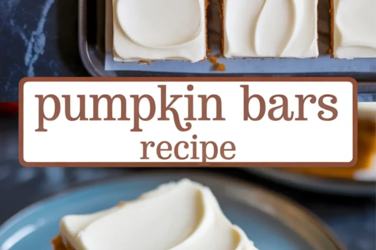 Frosted pumpkin bars in a baking pan with one bar served on a blue plate, showcasing dense pumpkin cake texture.