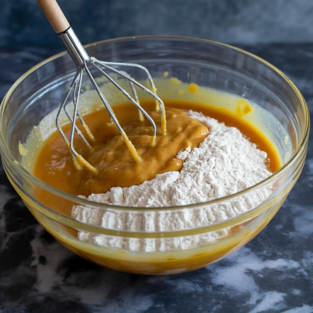 Glass mixing bowl with pumpkin puree and flour being whisked together on a dark marble surface.